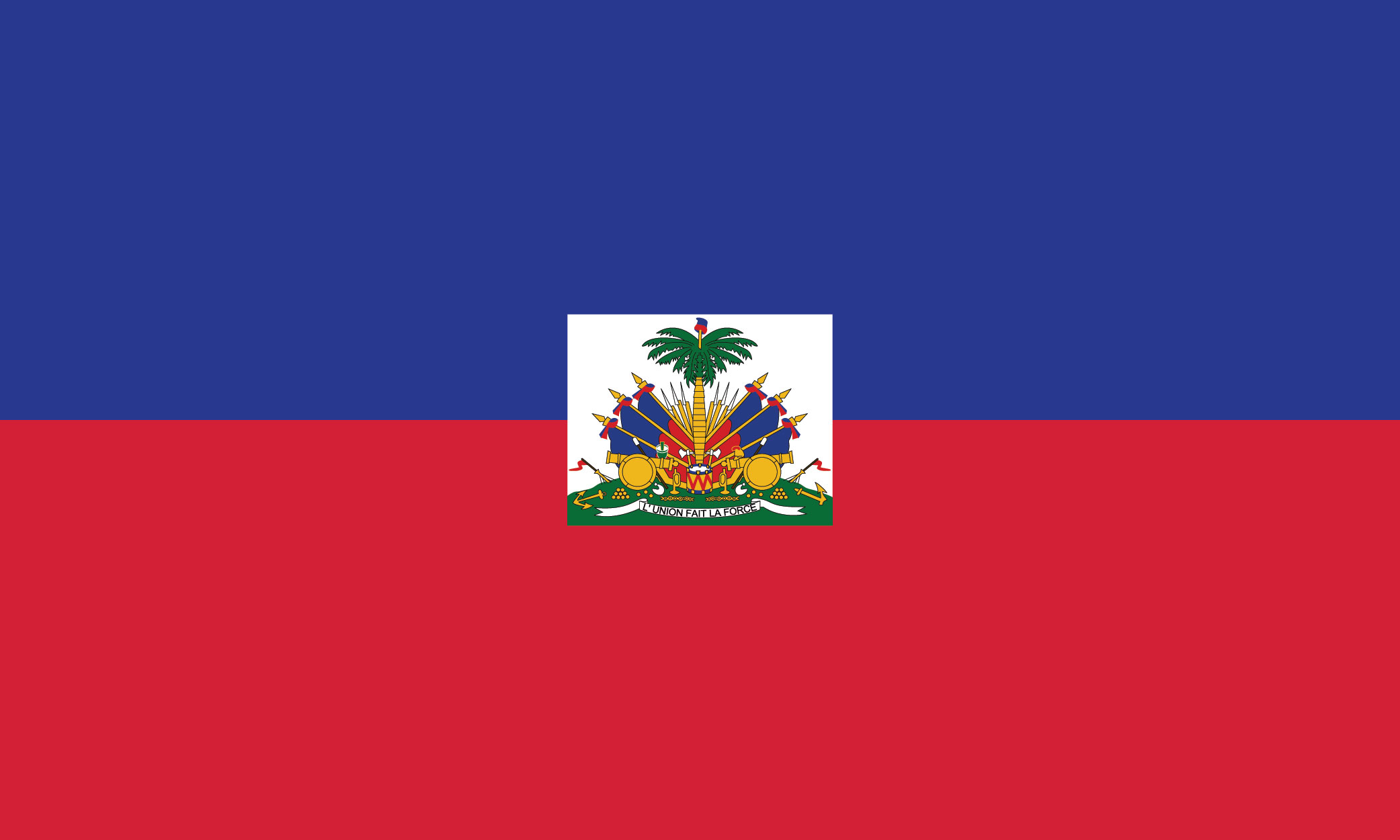 National flag of Haiti: horizontal blue and red bands with centered coat of arms featuring a palm tree, liberty cap, weapons, and motto 'L'Union fait la Force'.