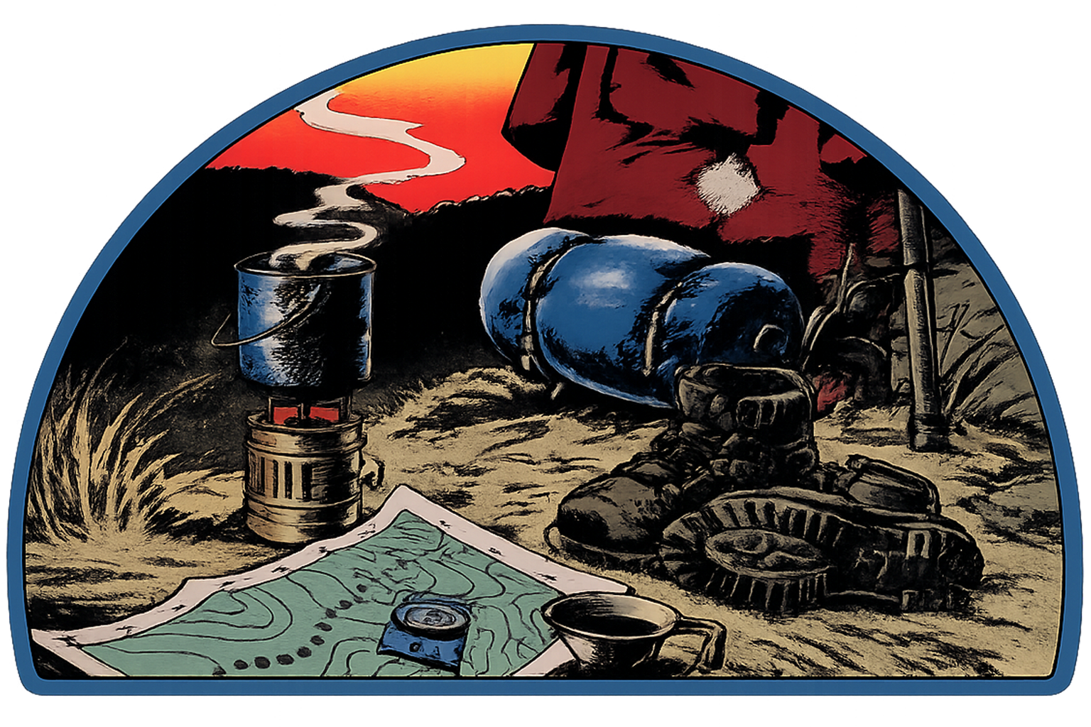 Joshua Expedition logo: Vintage-style adventure illustration in a blue semi-circular frame featuring camping gear on sandy ground — a steaming camp stove, rolled blue sleeping bag, hiking boots, topographic map with compass, and tin cup of coffee. A bold red flag flies against a dramatic sunset sky in the background.
