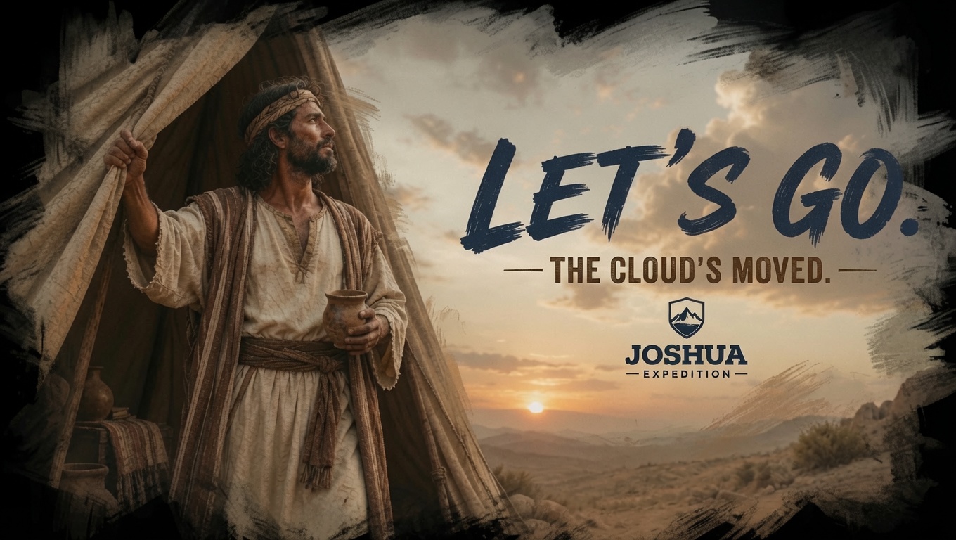 Joshua standing at his tent looking toward the sunrise with the words 'Let’s Go. The Cloud’s Moved.' – Joshua Expeditions logo