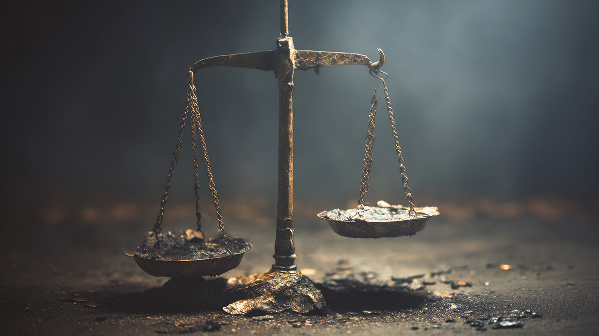 Unbalanced Scale Unbalanced ancient scale with one side weighed down, symbolizing injustice, unequal measures, or the need for righteous judgment.